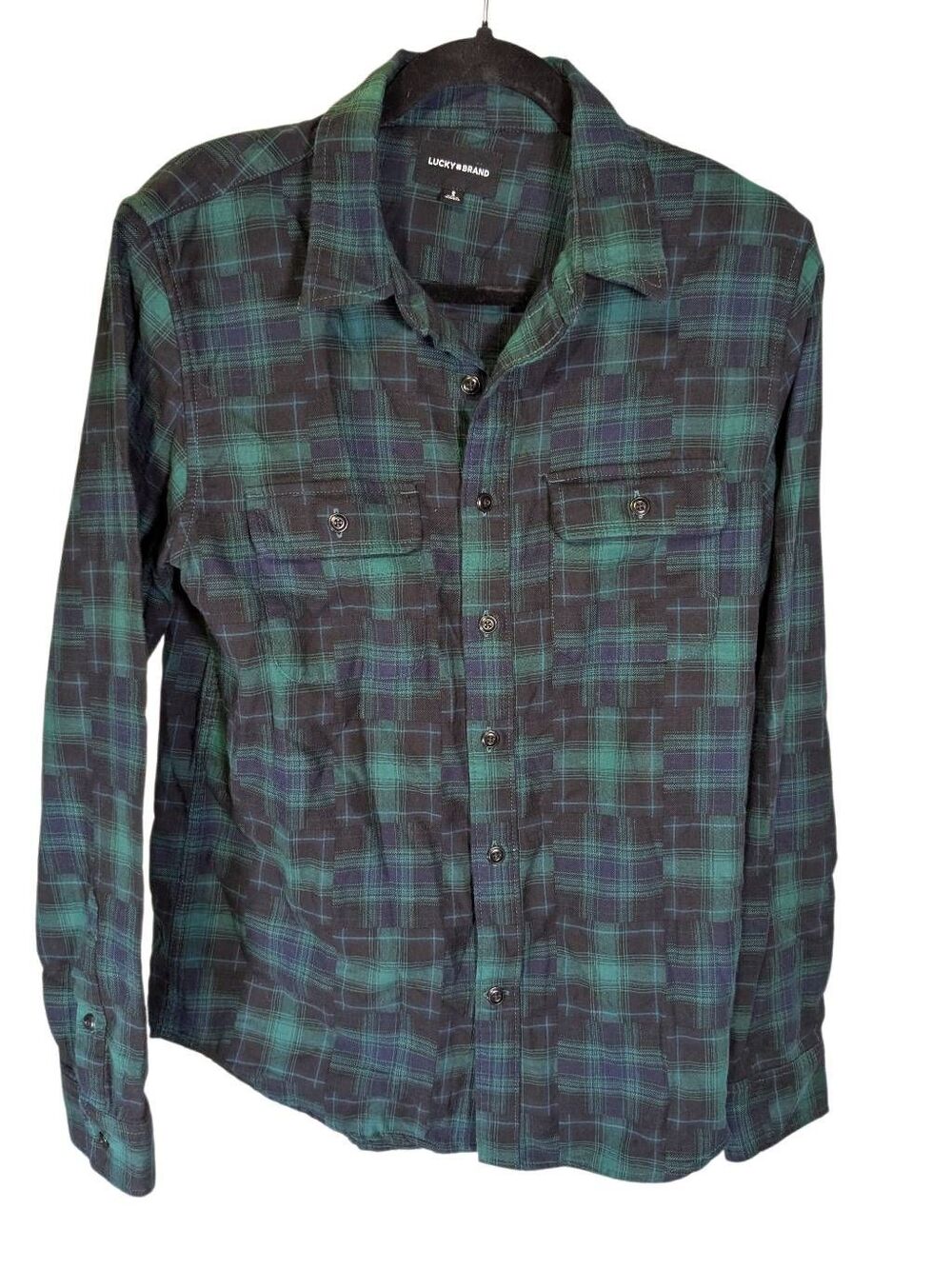Lucky Brand Mens Plaid Button Down Shirt Green Navy Blue‎ Cotton Men's Small